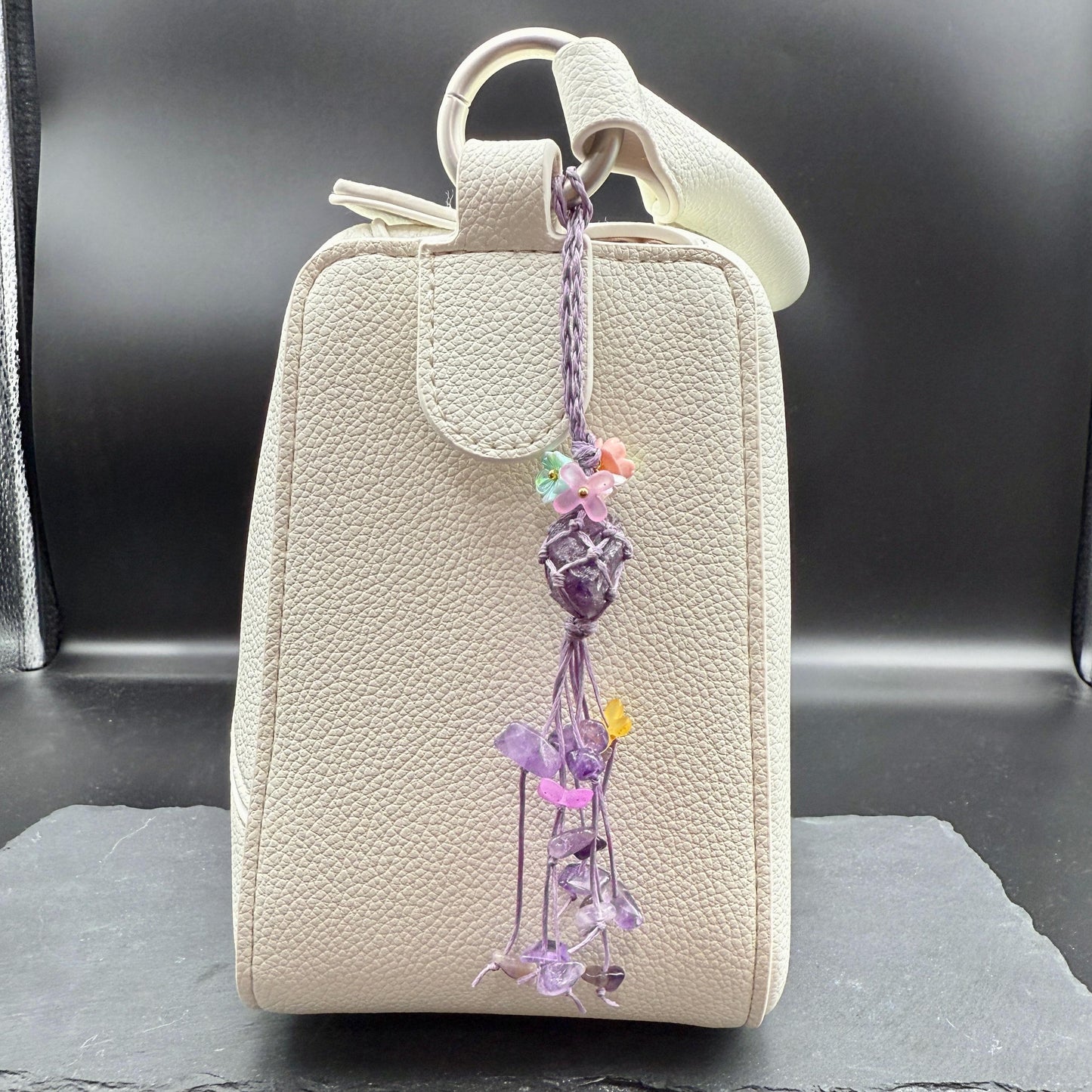 Handmade Amethyst Bag Charm – Bohemian Crystal Tassel Keychain