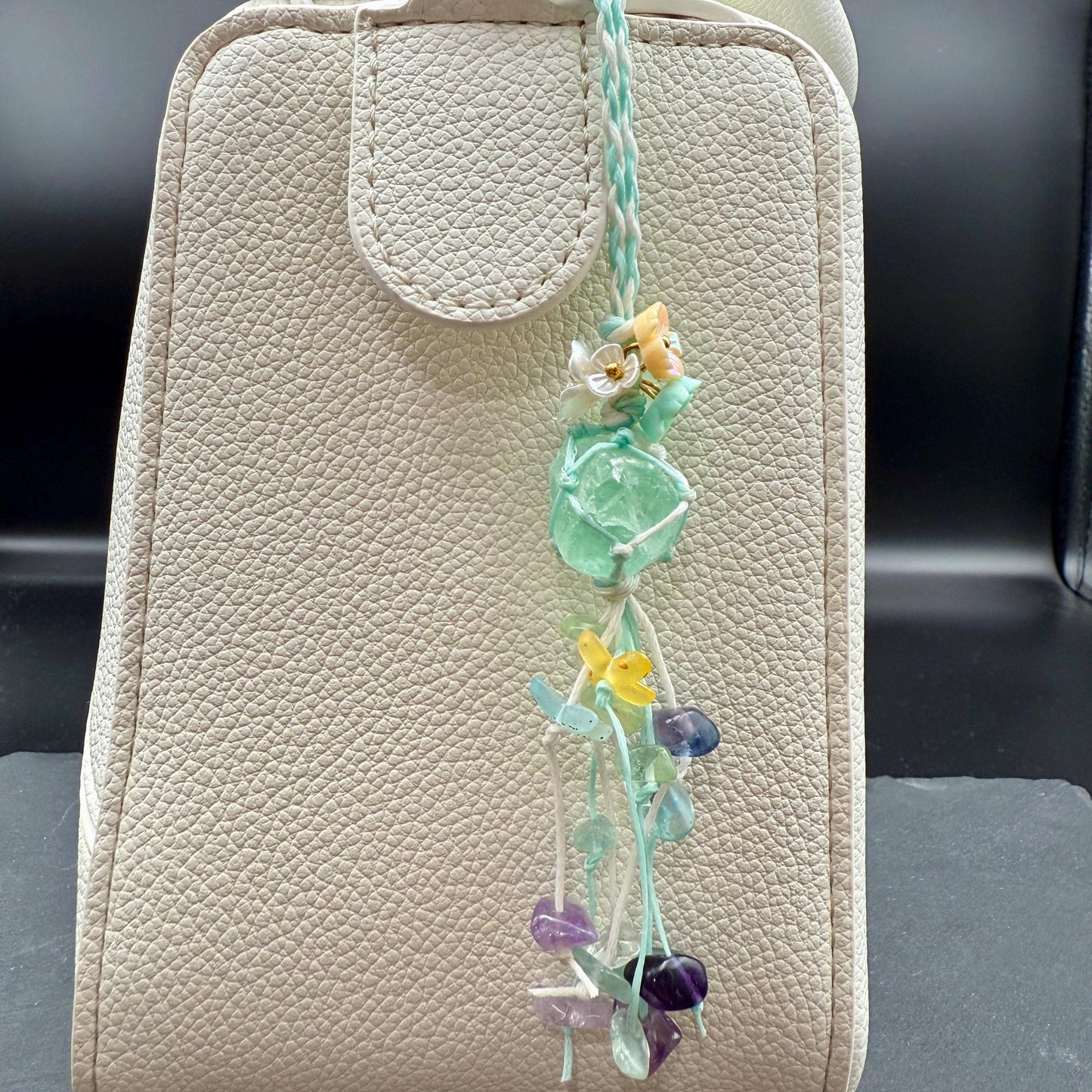 Handmade Green Fluorite Crystal Bag Charm – Bohemian Tassel Keychain