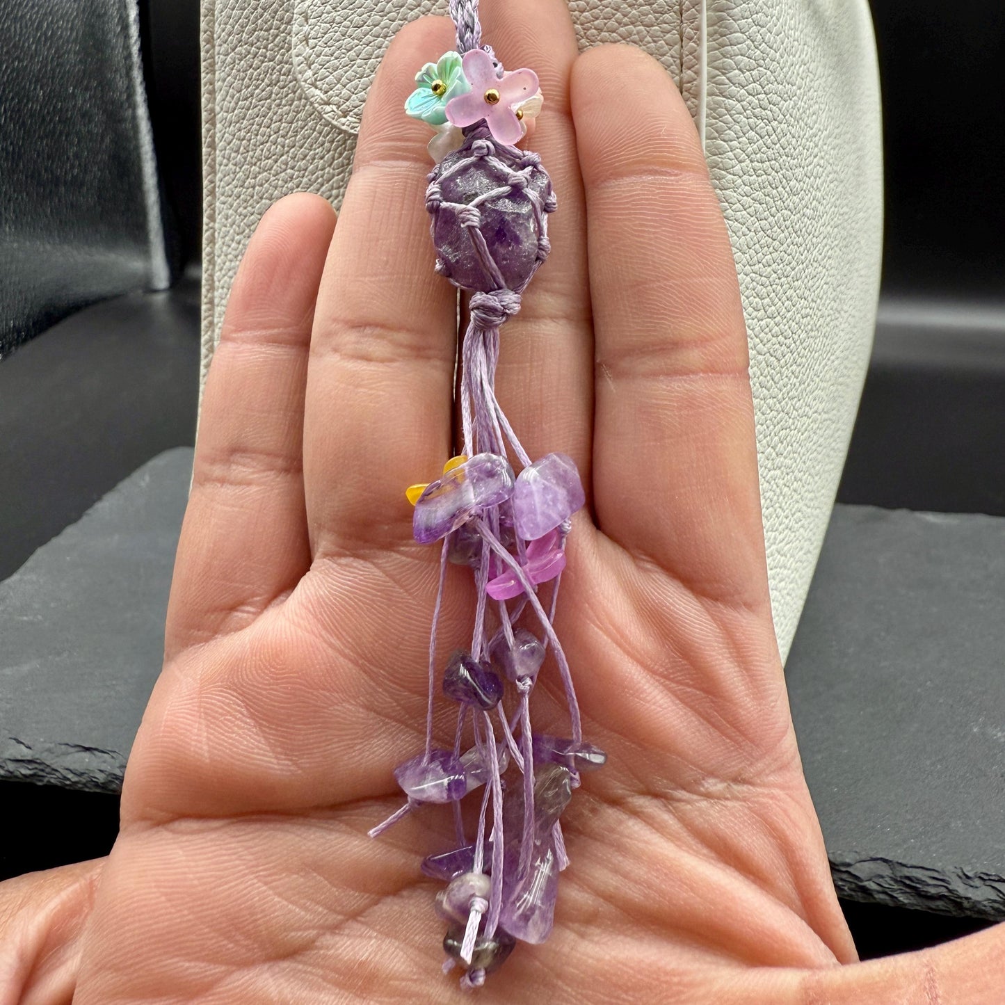Handmade Amethyst Bag Charm – Bohemian Crystal Tassel Keychain