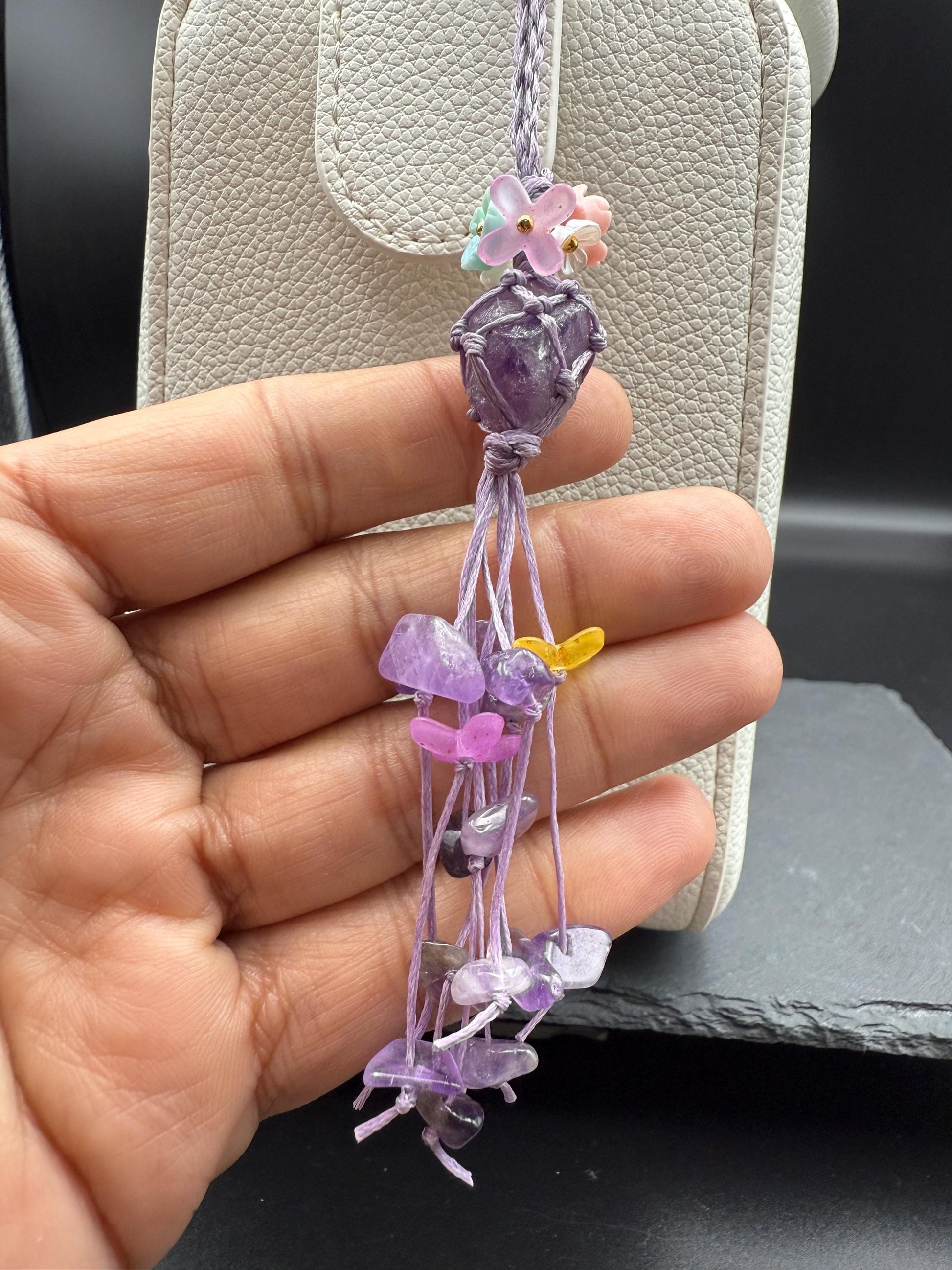 Handmade Amethyst Bag Charm – Bohemian Crystal Tassel Keychain
