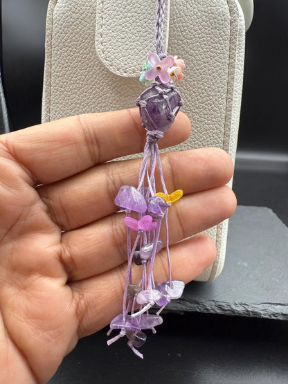 Handmade Amethyst Bag Charm – Bohemian Crystal Tassel Keychain