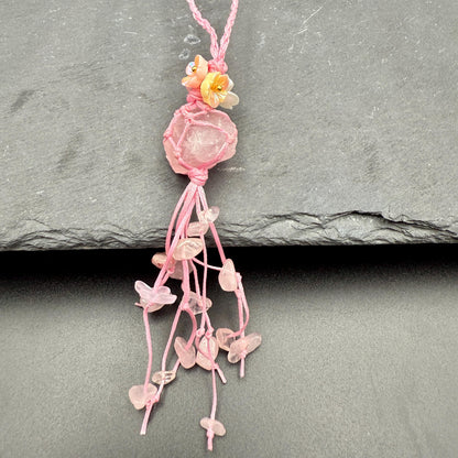 Handmade Rose Quartz Bag Charm – Bohemian Crystal Tassel Keychain