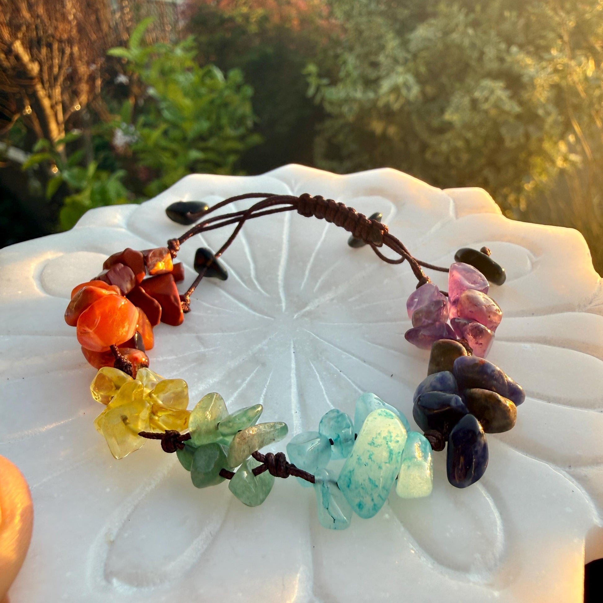 7 Chakra Crystal Chip Bracelet – Handmade Macrame Adjustable Boho Jewelry