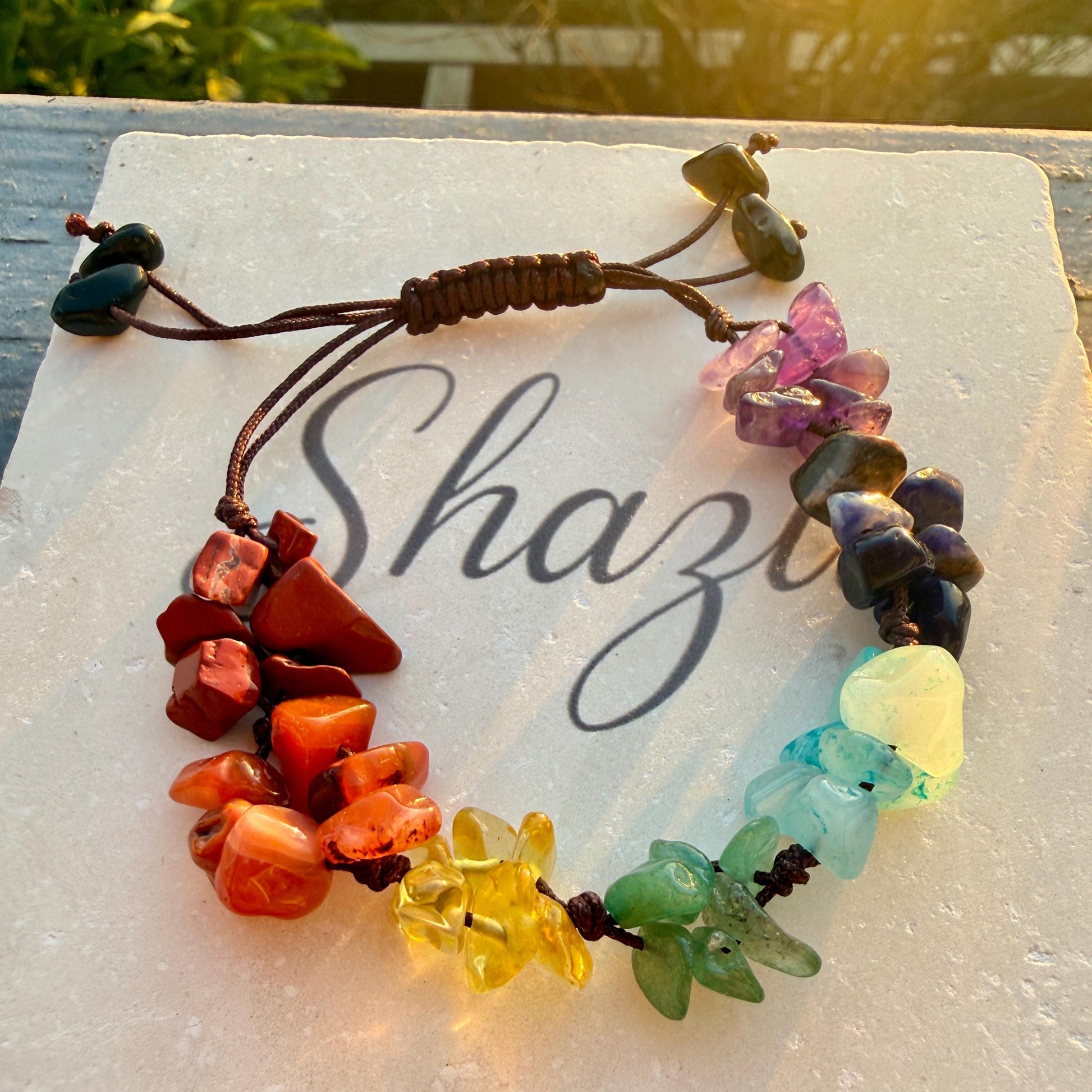7 Chakra Crystal Chip Bracelet – Handmade Macrame Adjustable Boho Jewelry