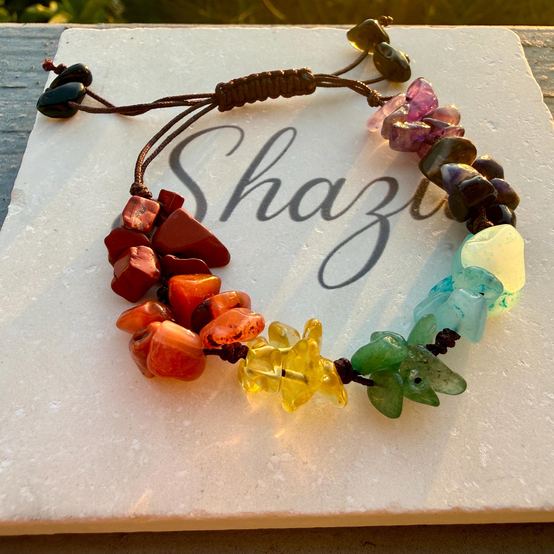 7 Chakra Crystal Chip Bracelet – Handmade Macrame Adjustable Boho Jewelry