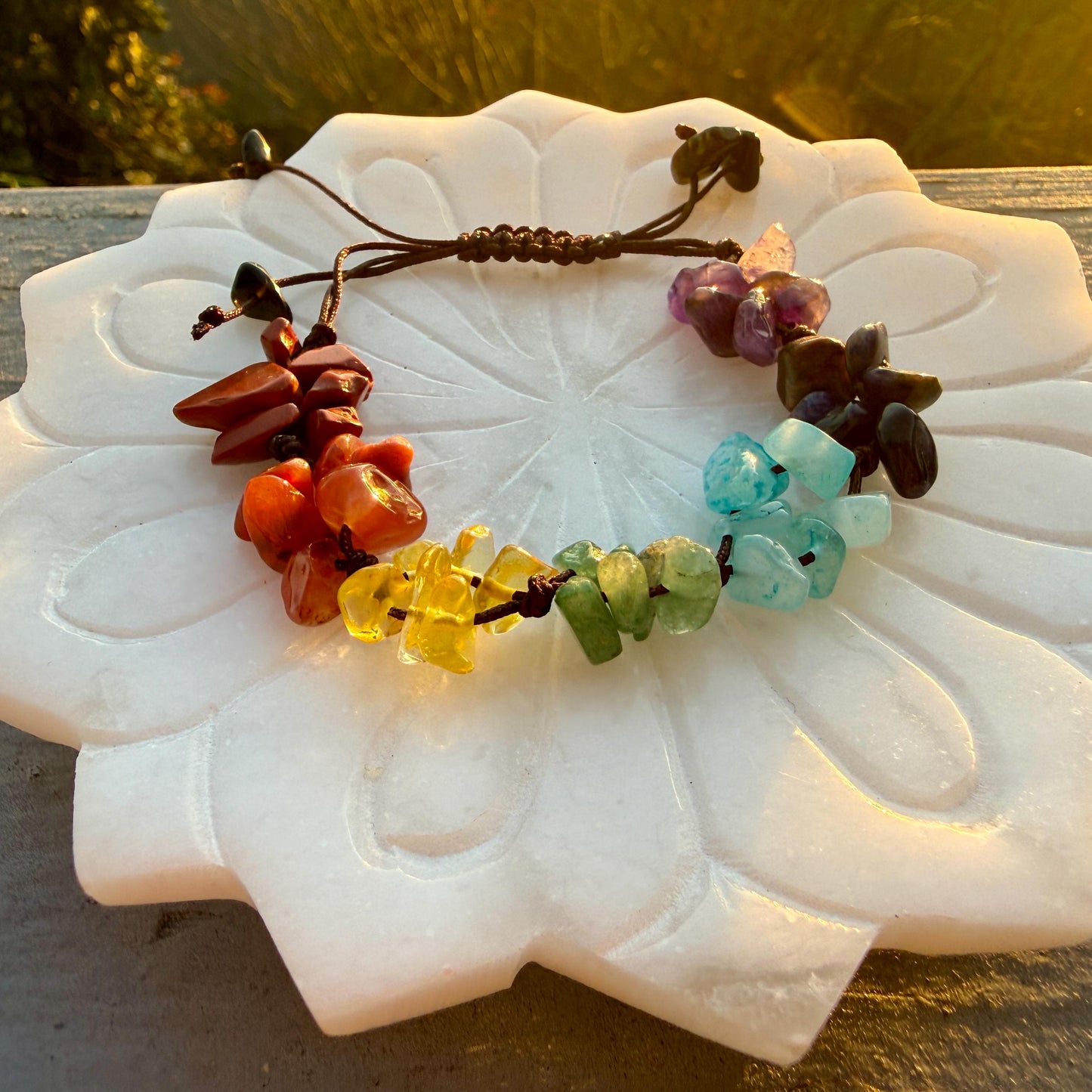 7 Chakra Crystal Chip Bracelet – Handmade Macrame Adjustable Boho Jewelry