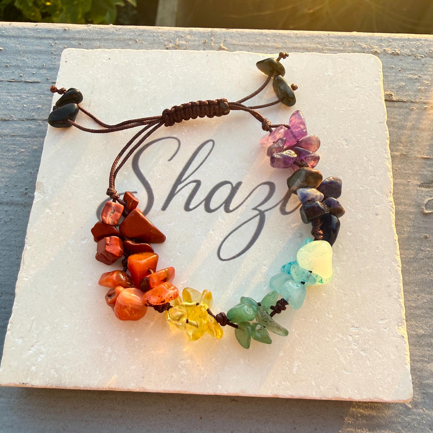 7 Chakra Crystal Chip Bracelet – Handmade Macrame Adjustable Boho Jewelry