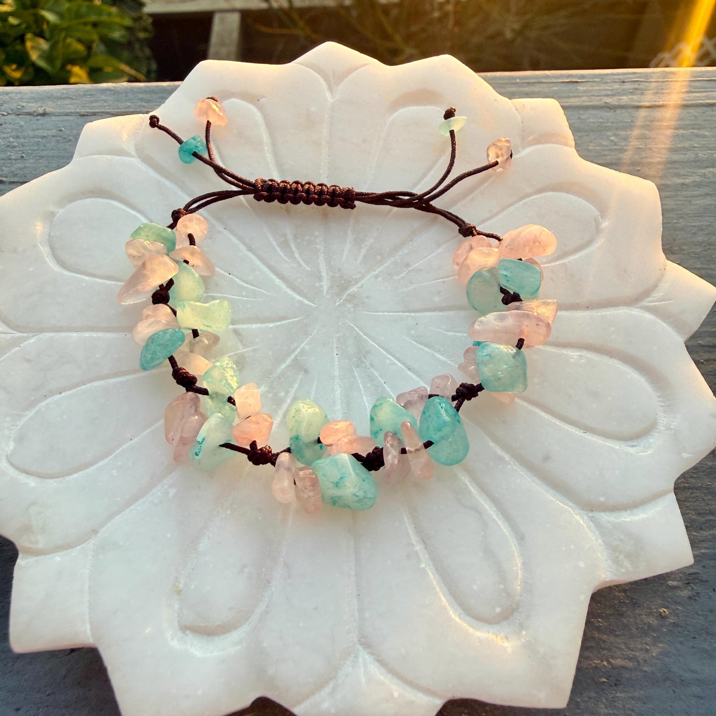Rose Quartz & Aquamarine Crystal Chip Bracelet – Handmade Fairycore Jewelry