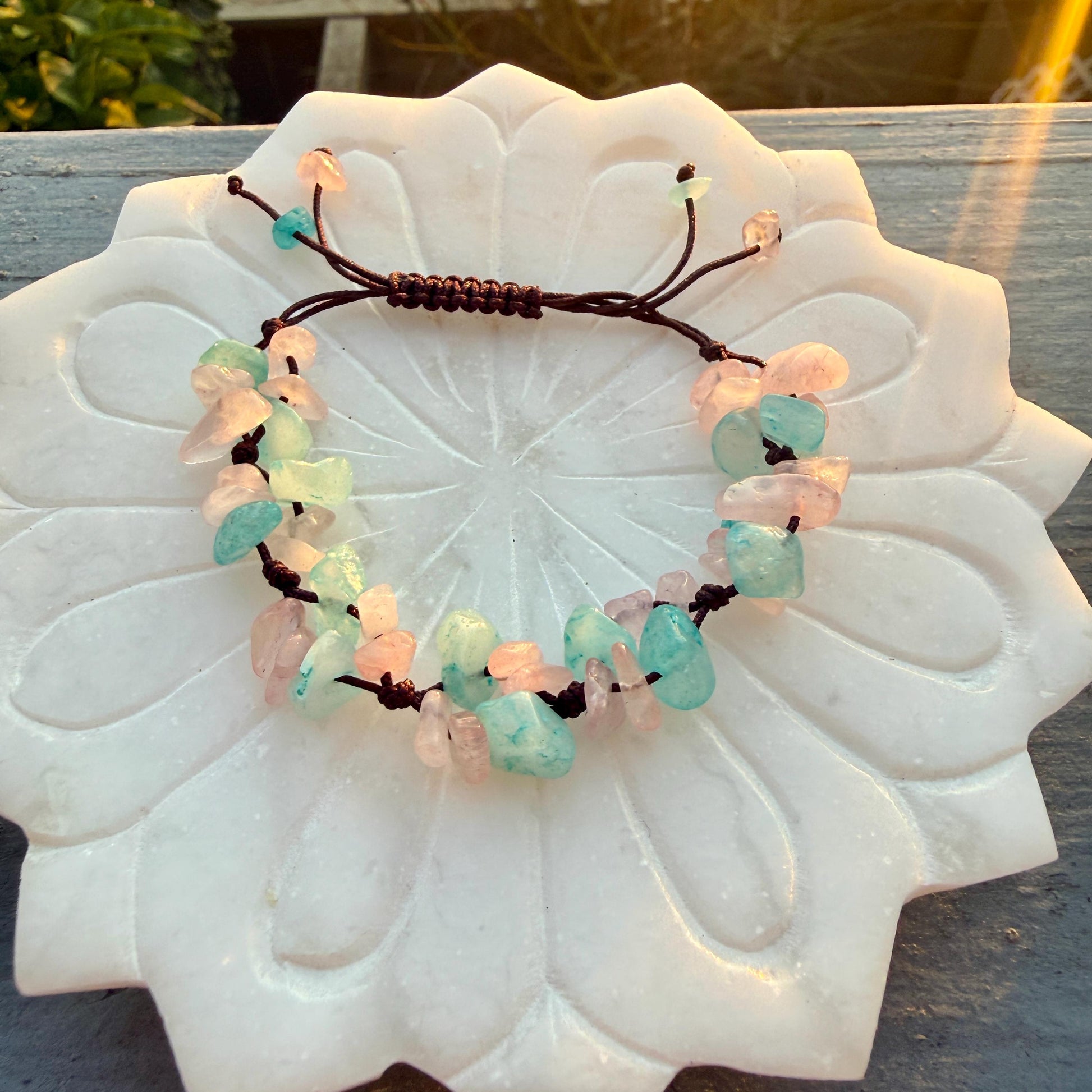 Rose Quartz & Aquamarine Crystal Chip Bracelet – Handmade Fairycore Jewelry
