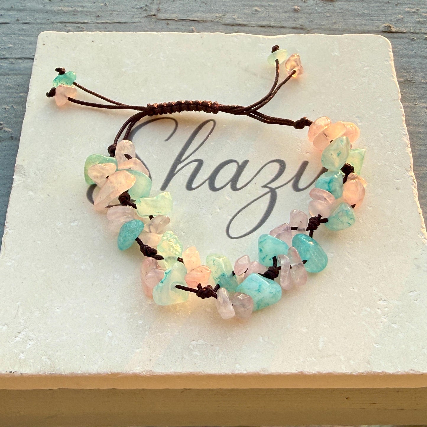 Rose Quartz & Aquamarine Crystal Chip Bracelet – Handmade Fairycore Jewelry