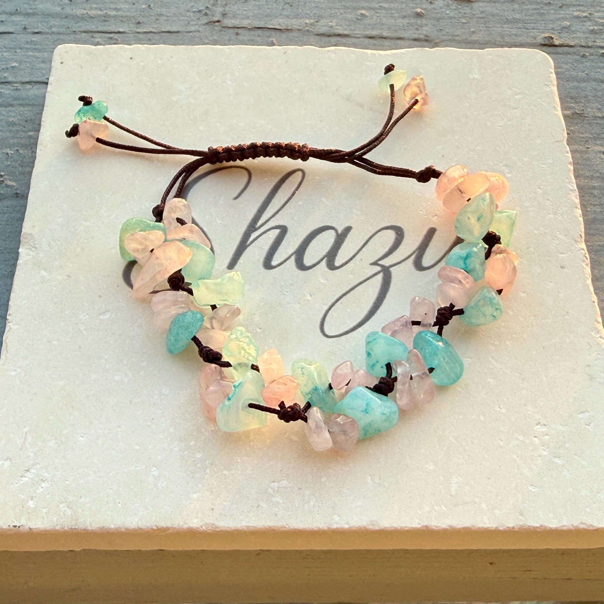 Rose Quartz & Aquamarine Crystal Chip Bracelet – Handmade Fairycore Jewelry