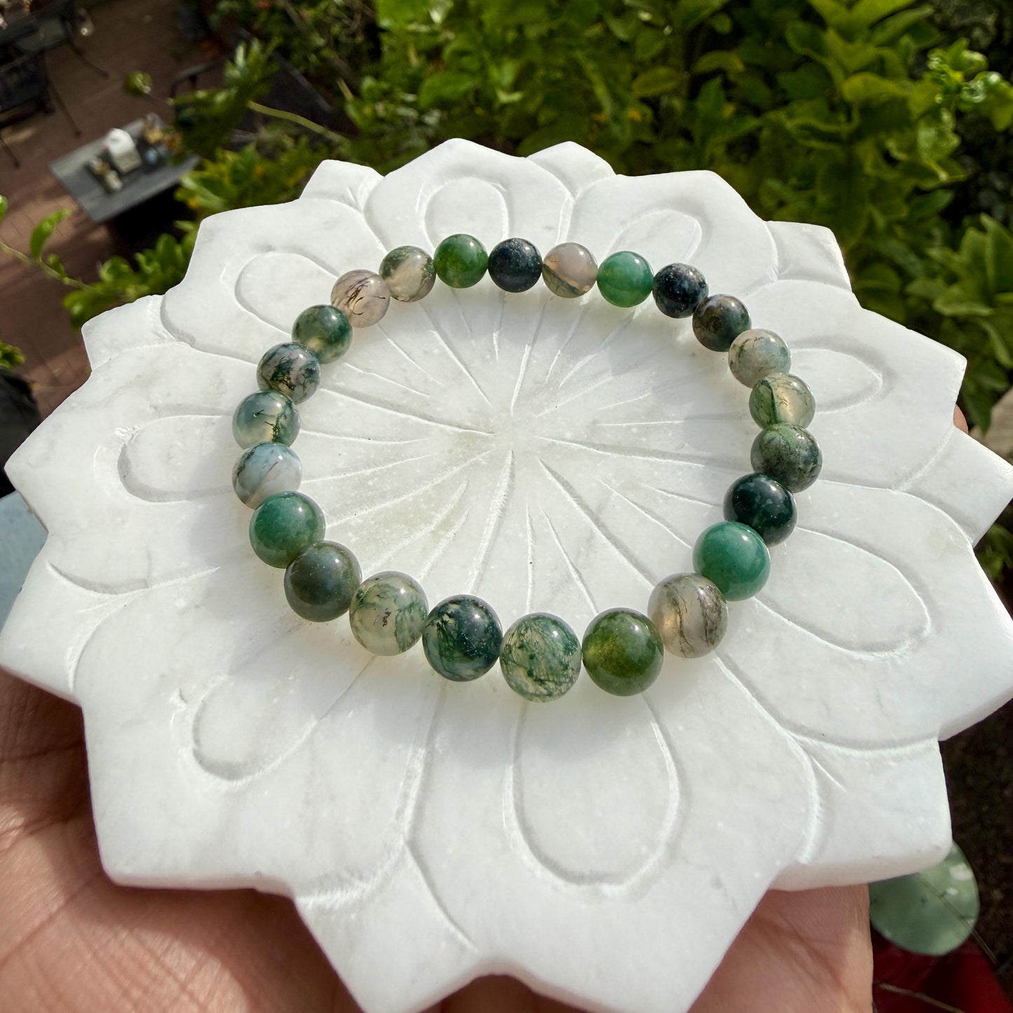 Moss Agate Bracelet 8mm – Healing Crystal Bracelet for Growth, Abundance and Grounding