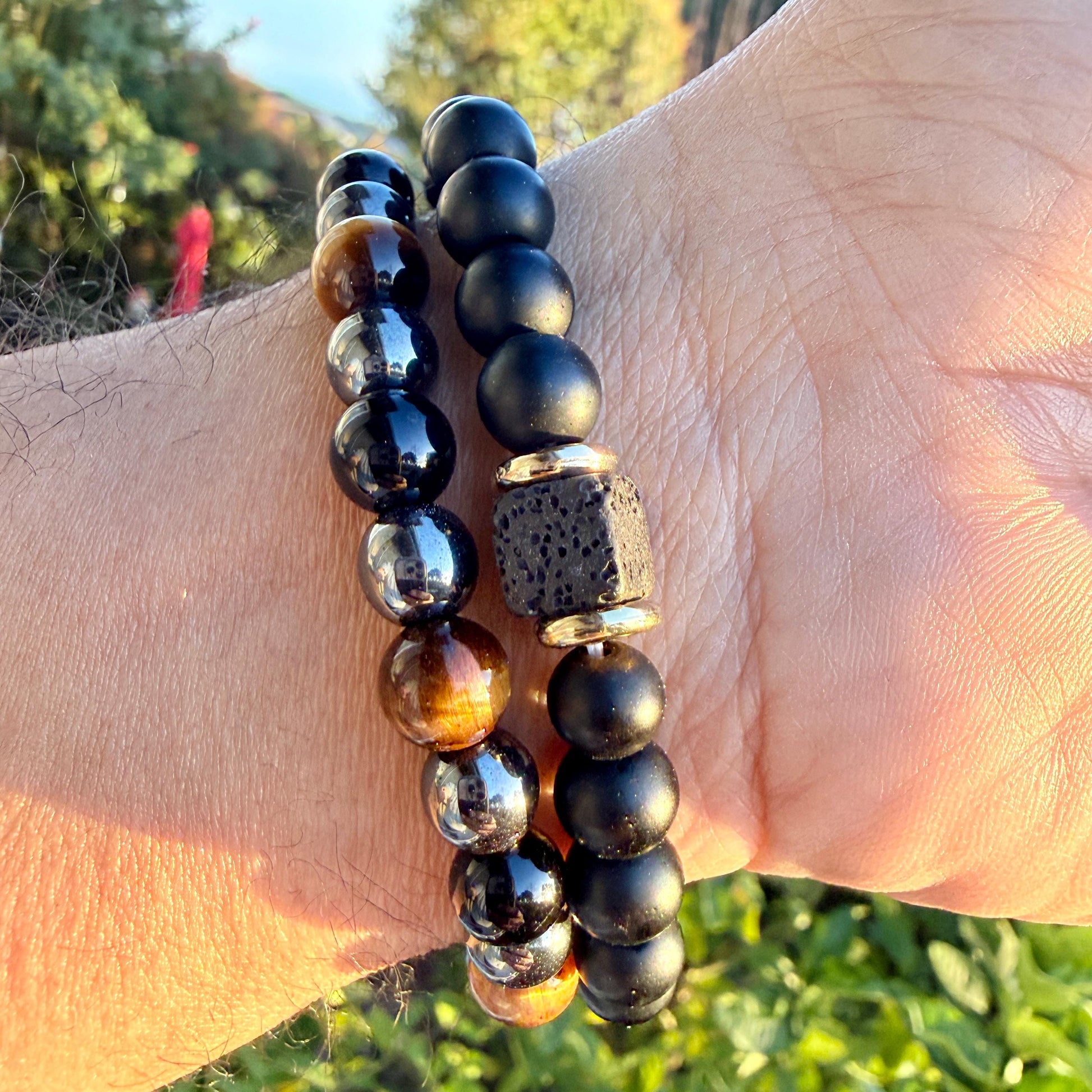 Triple Protection Bracelet 8mm/10mm - Tiger Eye Hematite Black Obsidian Strength Grounding Gift