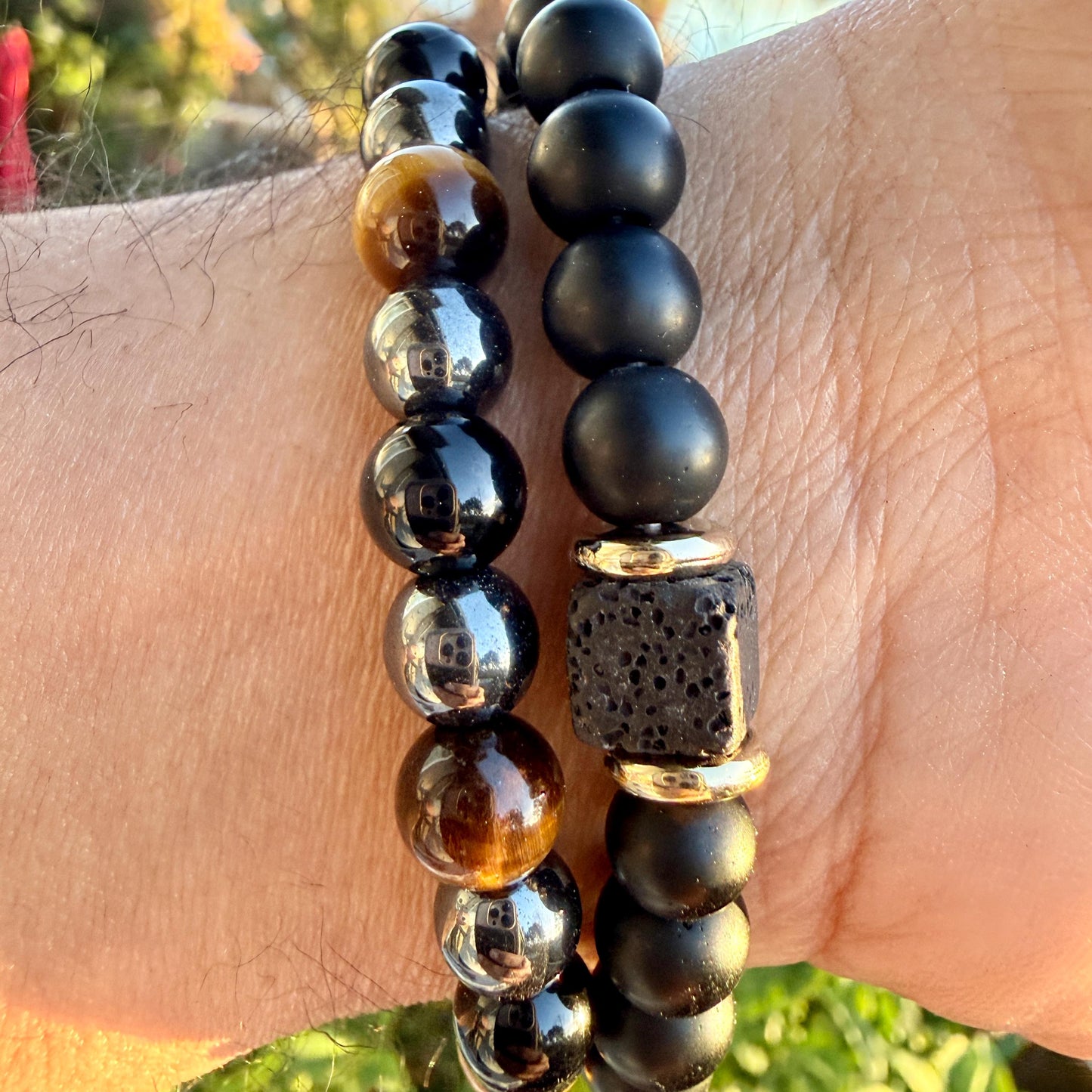 Triple Protection Bracelet 10mm – Tiger Eye, Hematite & Black Onyx for Strength, Grounding and Protection