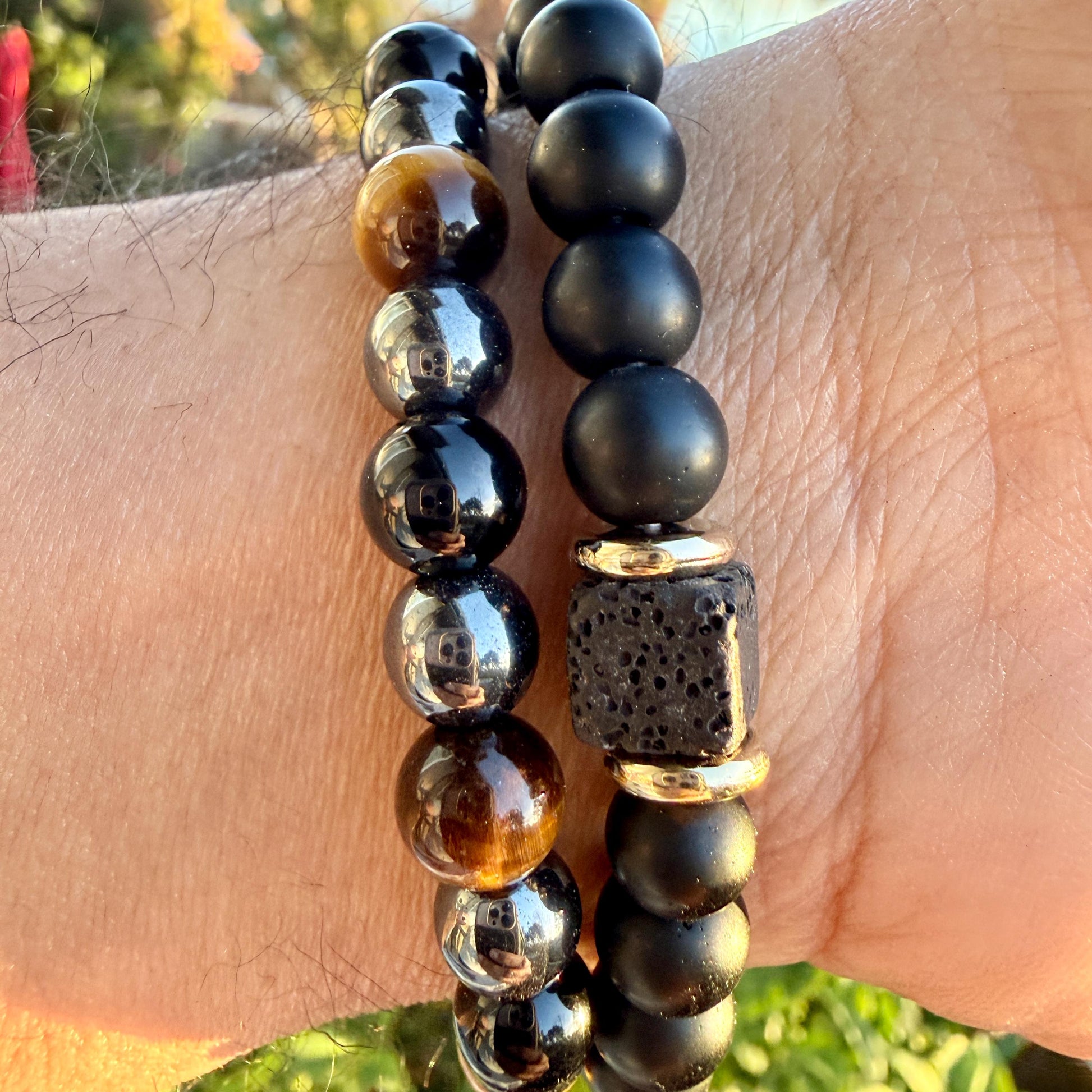 Triple Protection Bracelet 10mm – Tiger Eye, Hematite & Black Onyx for Strength, Grounding and Protection