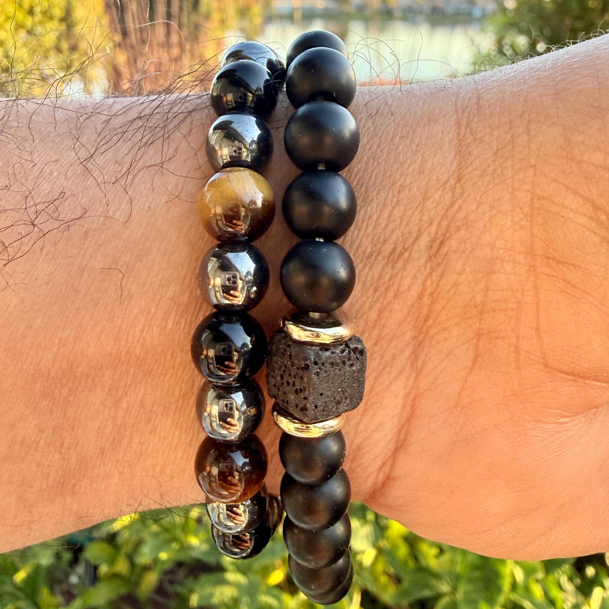Triple Protection Bracelet 10mm – Tiger Eye, Hematite & Black Onyx for Strength, Grounding and Protection