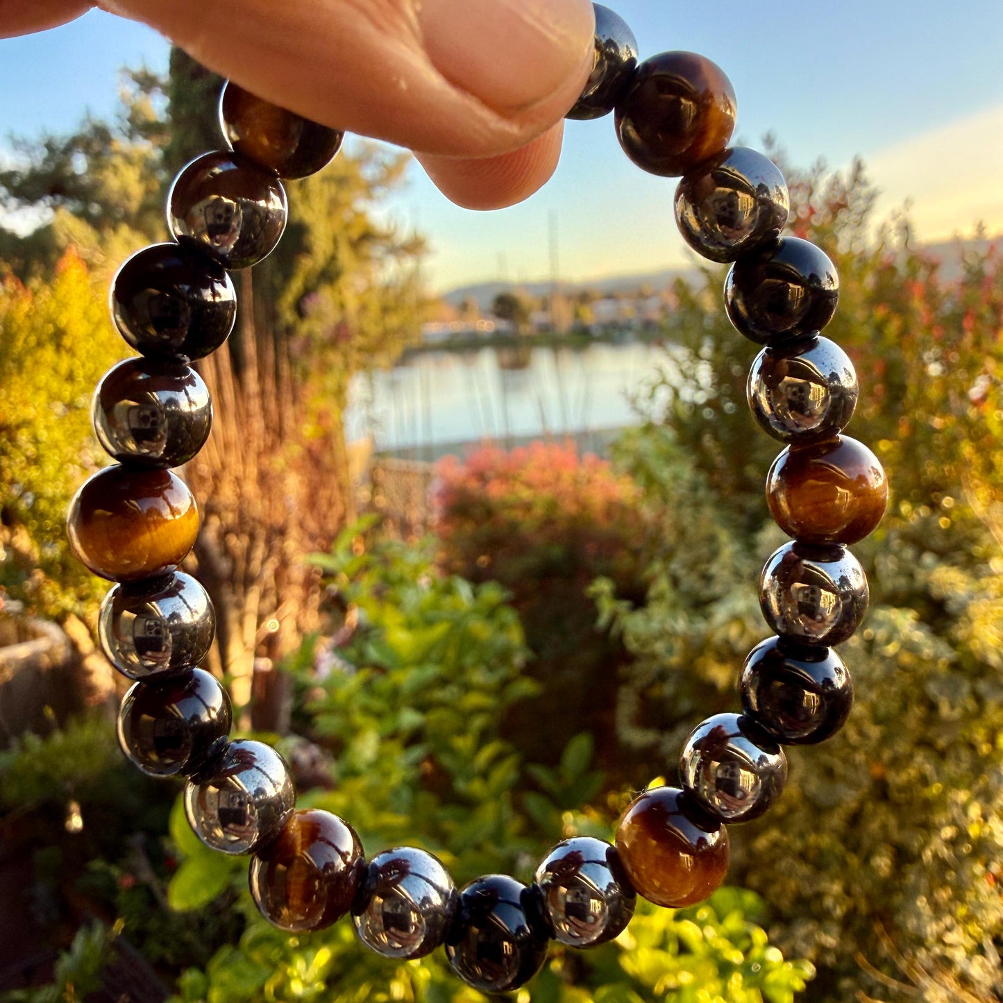 Triple Protection Bracelet 10mm – Tiger Eye, Hematite & Black Onyx for Strength, Grounding and Protection
