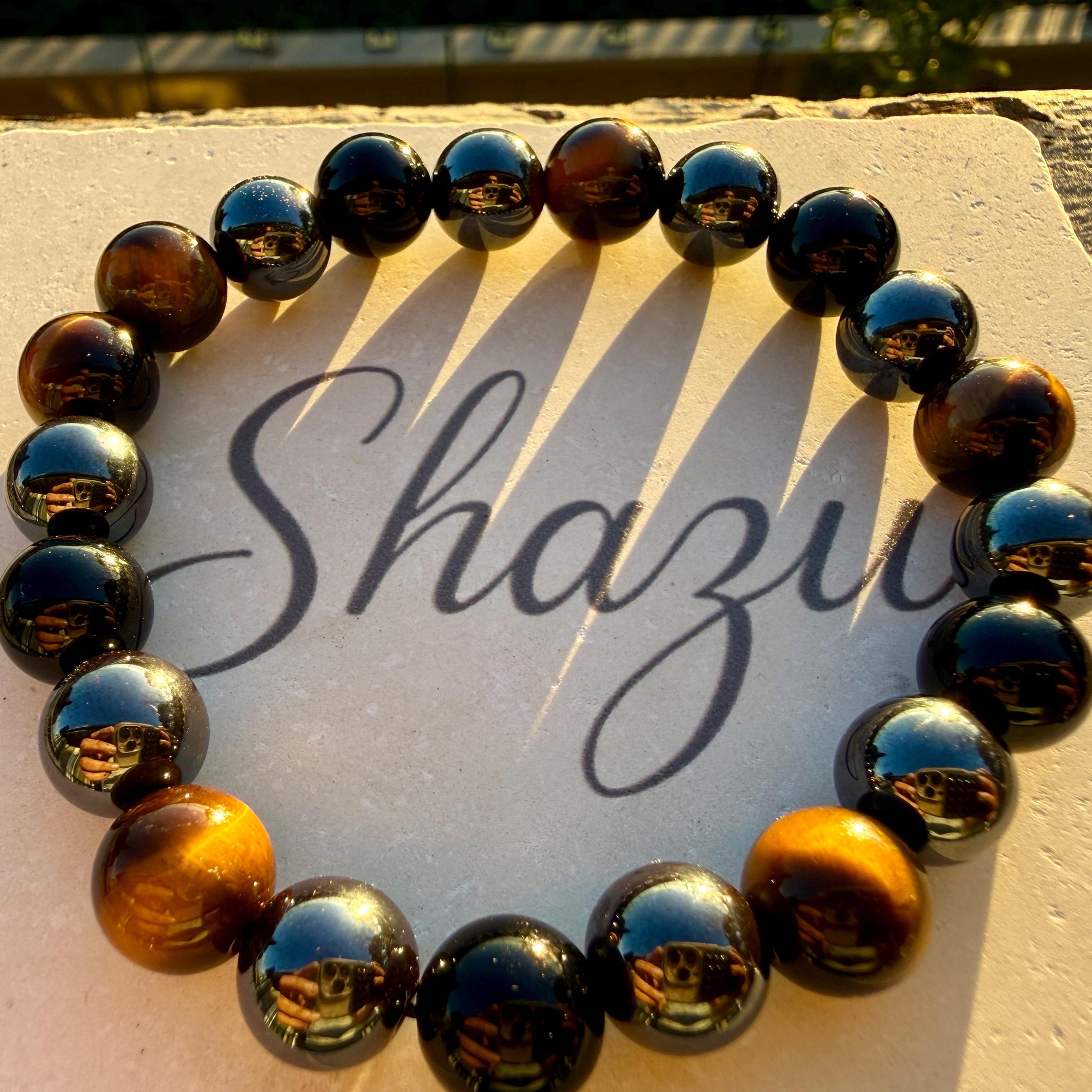 Triple Protection Bracelet 10mm – Tiger Eye, Hematite & Black Onyx for Strength, Grounding and Protection