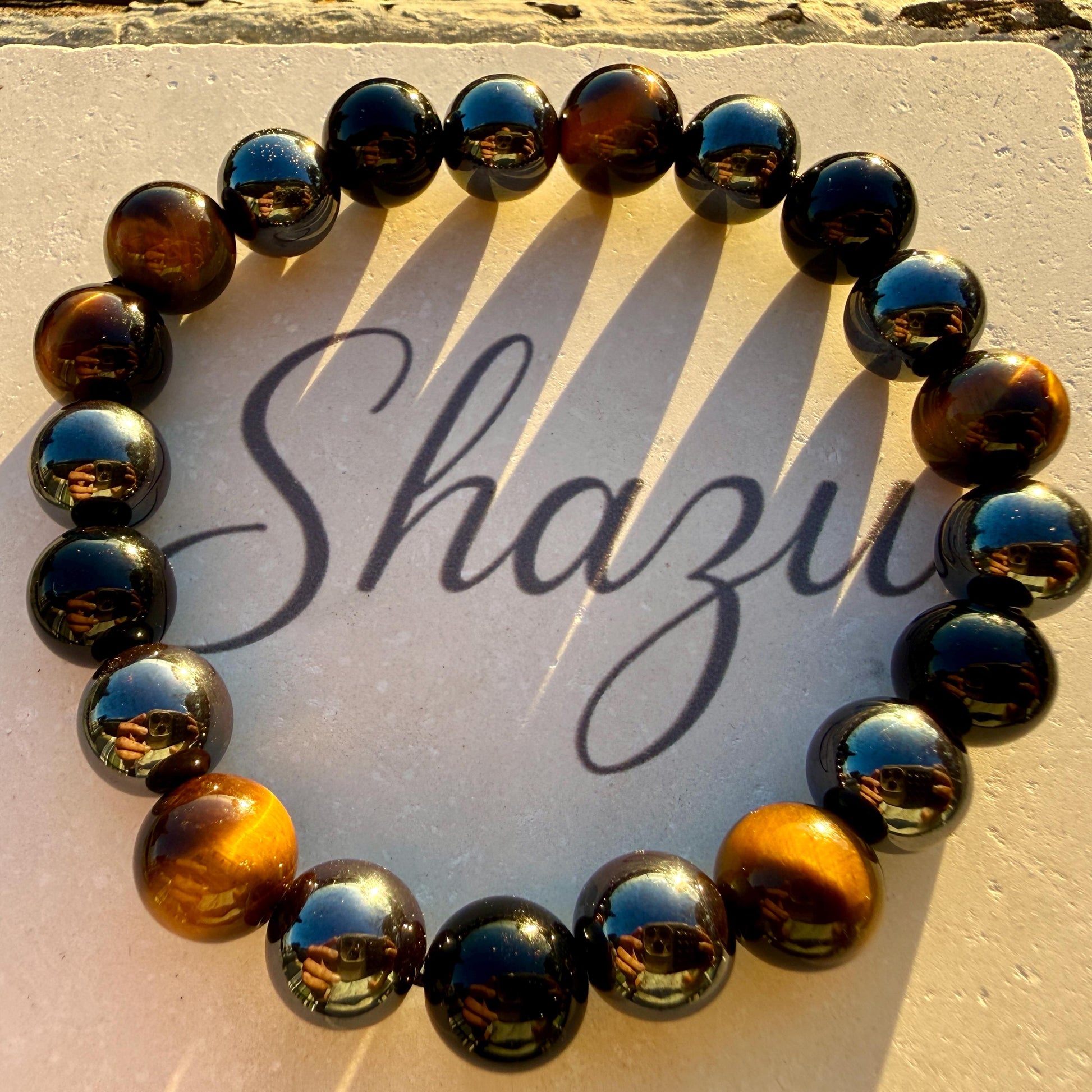 Triple Protection Bracelet 10mm – Tiger Eye, Hematite & Black Onyx for Strength, Grounding and Protection