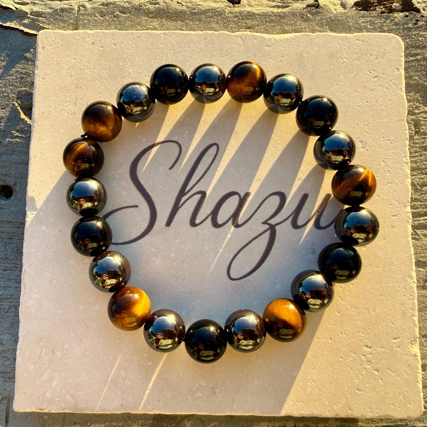 Triple Protection Bracelet 10mm – Tiger Eye, Hematite & Black Onyx for Strength, Grounding and Protection