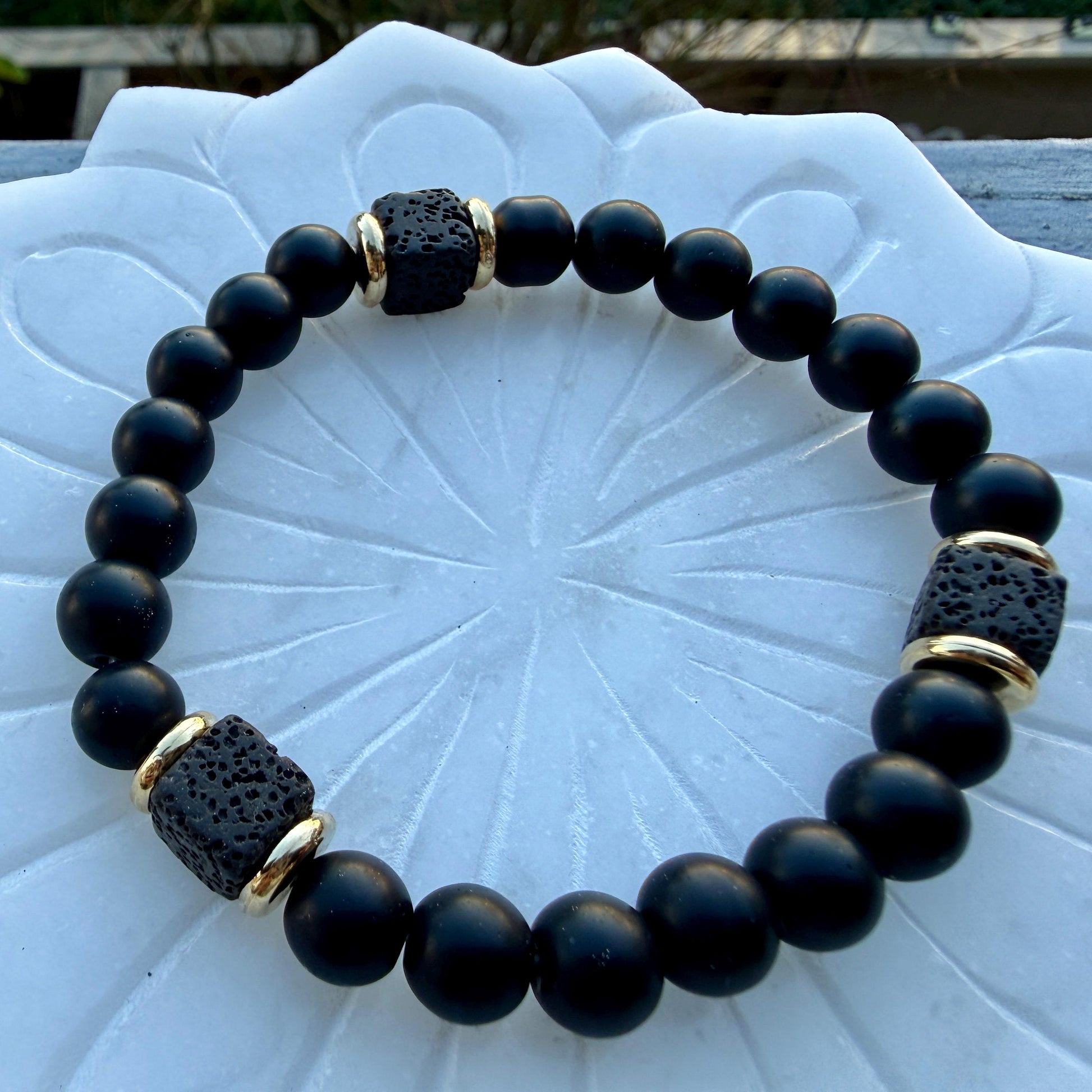Mens Lava Stone Bracelet | Matte Black Onyx with Volcanic Beads | Protection Strength Bracelet
