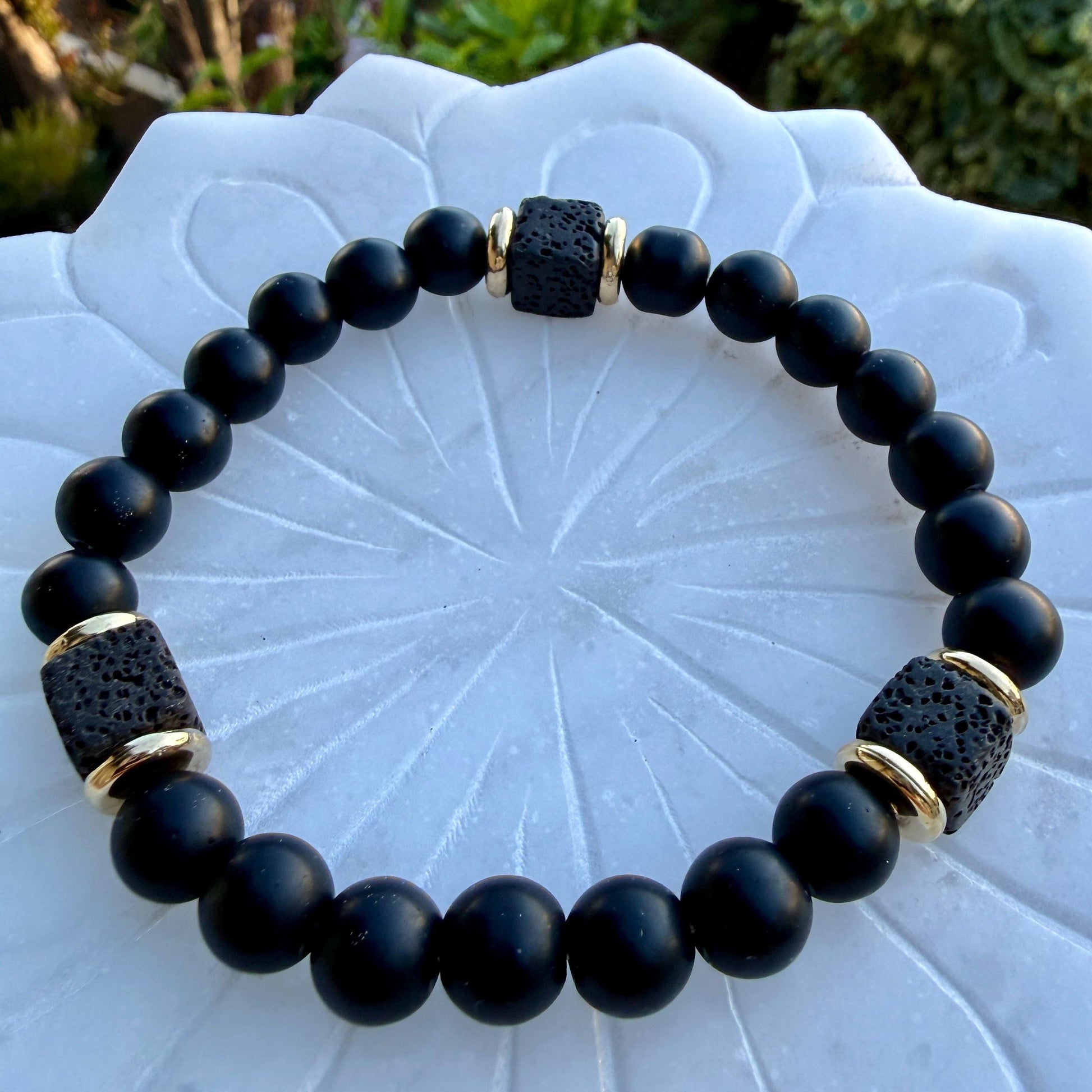 Mens Lava Stone Bracelet | Matte Black Onyx with Volcanic Beads | Protection Strength Bracelet