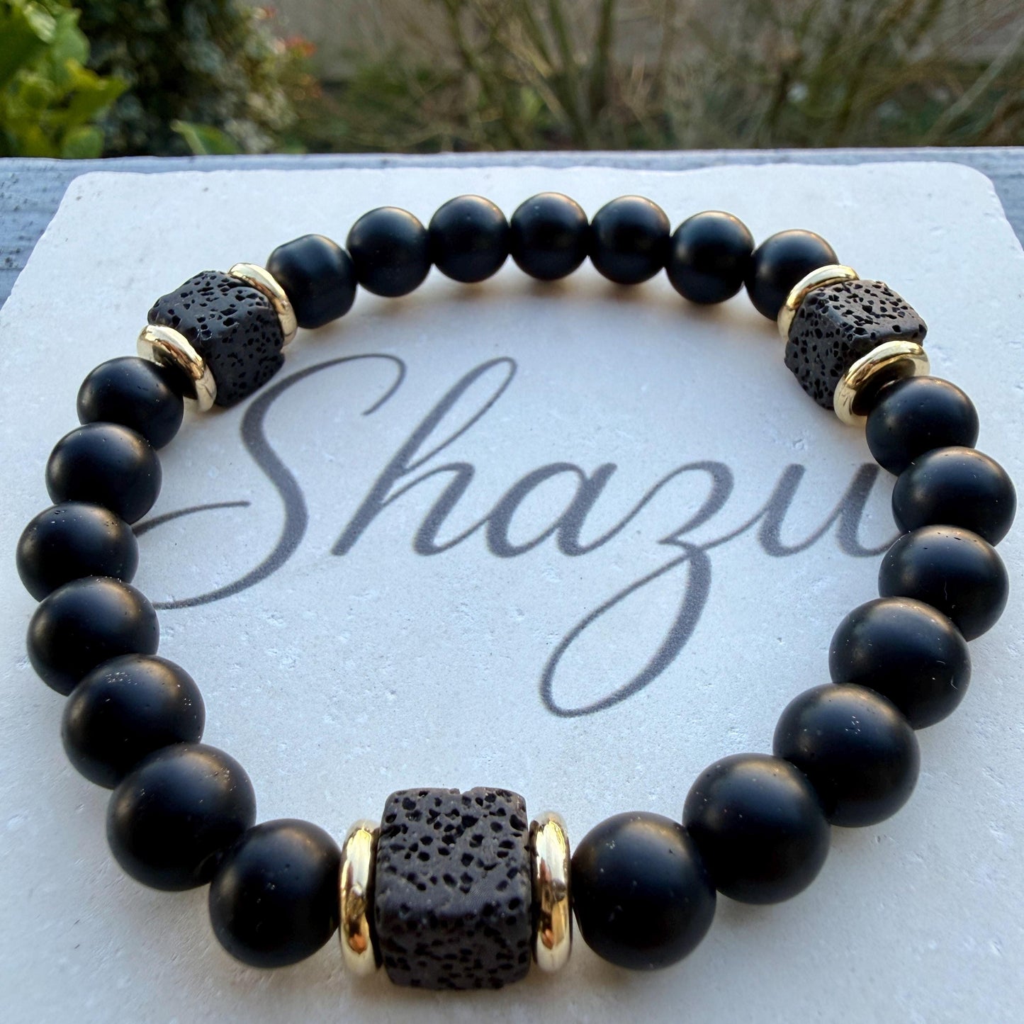 Mens Lava Stone Bracelet | Matte Black Onyx with Volcanic Beads | Protection Strength Bracelet