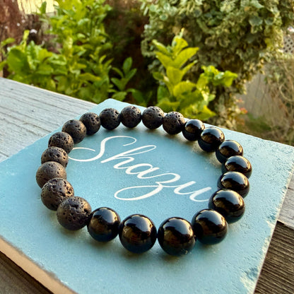 Black Tourmaline & Lava Stone Men’s Bracelet – Beaded Bracelet for Grounding, Protection and Balance