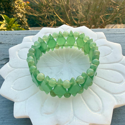 Green Aventurine Diamond Cut Bracelet – Abundance & Luck Crystal Stretch Bracelet, Geometric Beaded Healing Jewelry