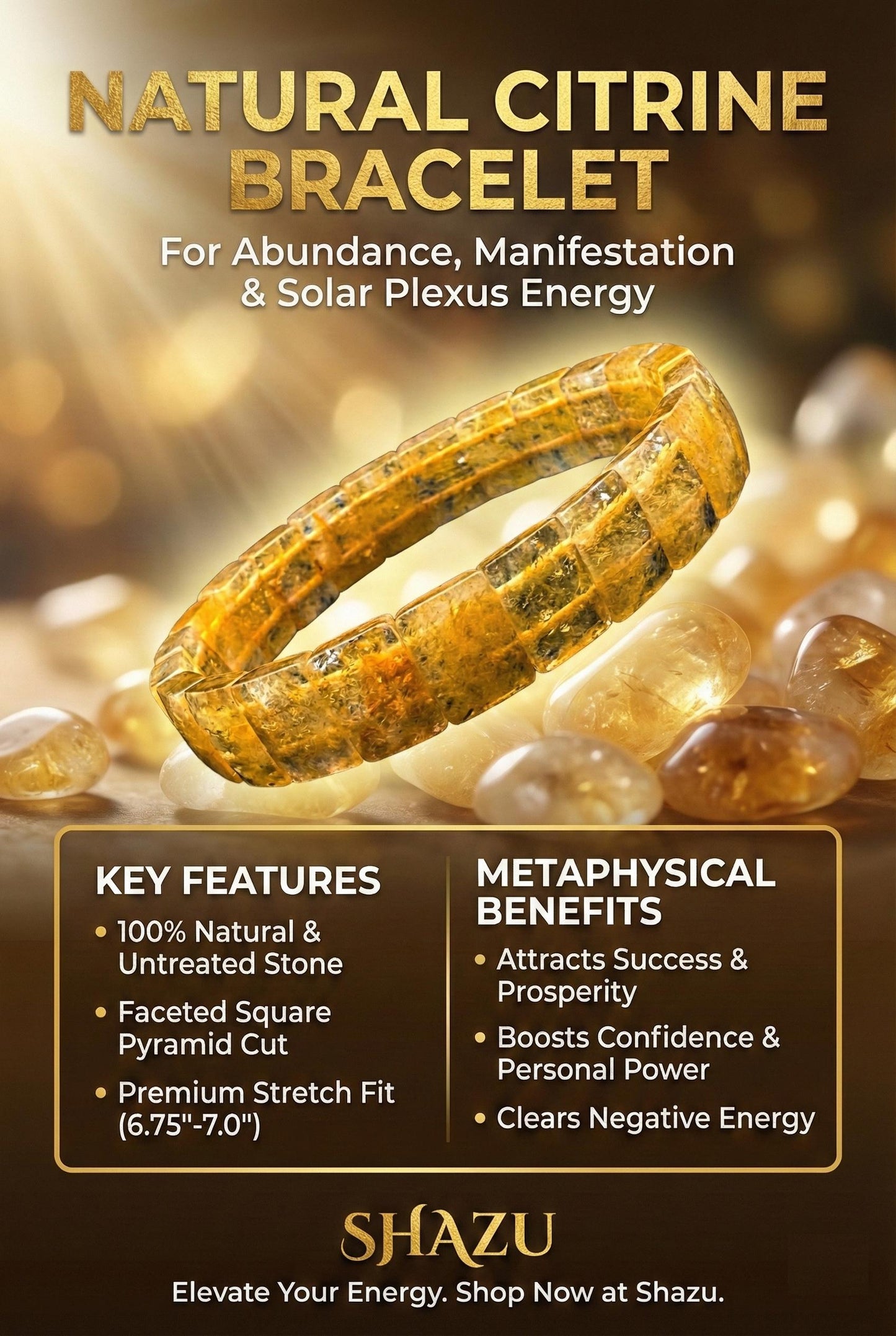 Authentic Natural Citrine Bracelet Untreated Solar Plexus Jewelry Faceted Square Pyramid Manifestation Gift
