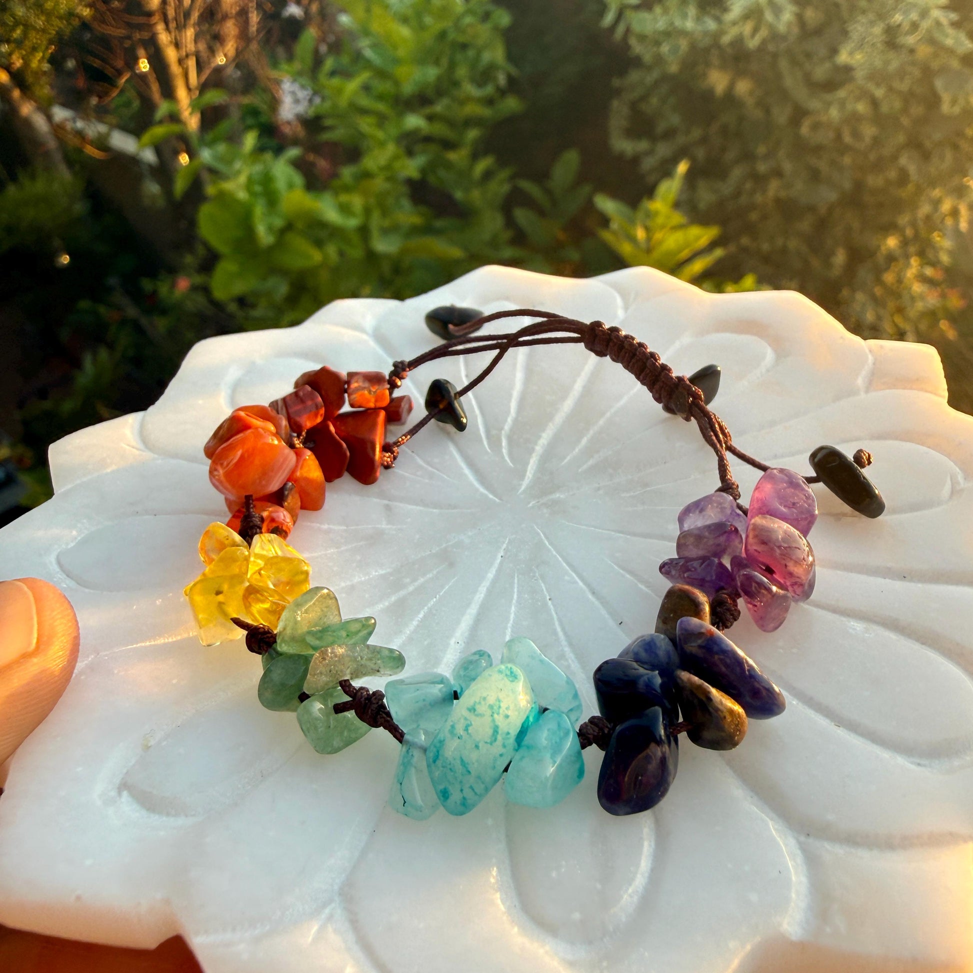 7 Chakra Crystal Chip Bracelet – Handmade Macrame Adjustable Boho Jewelry