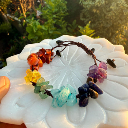 7 Chakra Crystal Chip Bracelet – Handmade Macrame Adjustable Boho Jewelry