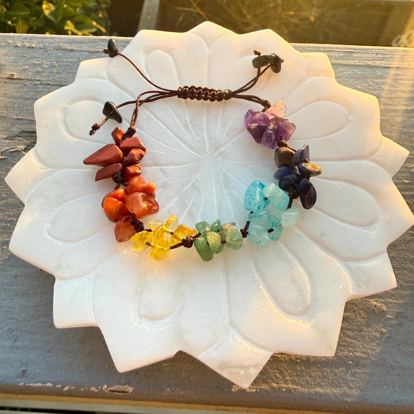 7 Chakra Crystal Chip Bracelet – Handmade Macrame Adjustable Boho Jewelry