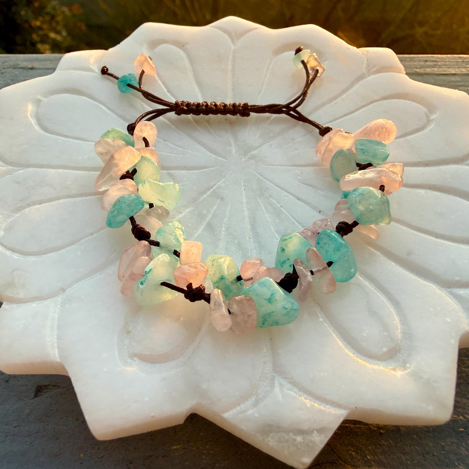 Rose Quartz & Aquamarine Crystal Chip Bracelet – Handmade Fairycore Jewelry