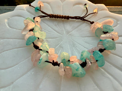 Rose Quartz & Aquamarine Crystal Chip Bracelet – Handmade Fairycore Jewelry