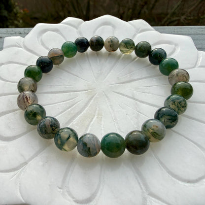 Moss Agate Bracelet 8mm – Healing Crystal Bracelet for Growth, Abundance and Grounding