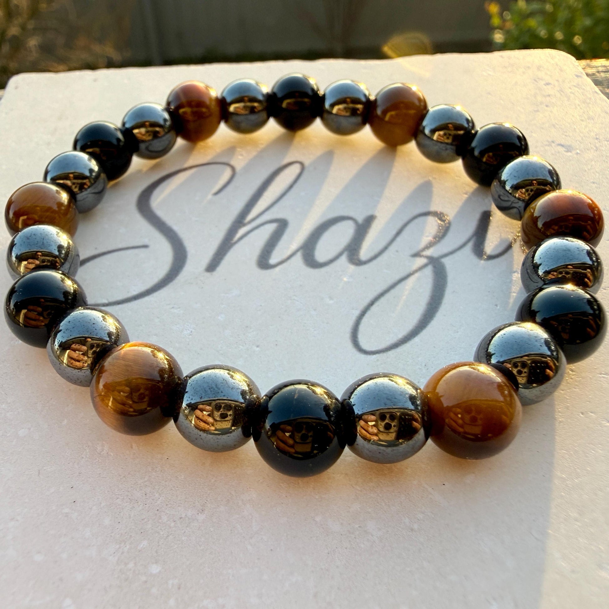 Triple Protection Bracelet 8mm/10mm - Tiger Eye Hematite Black Obsidian Strength Grounding Gift