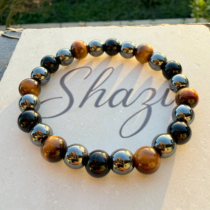 Triple Protection Bracelet 8mm/10mm - Tiger Eye Hematite Black Obsidian Strength Grounding Gift
