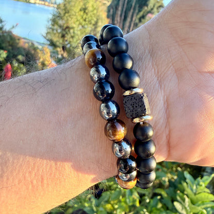 Triple Protection Bracelet 8mm/10mm - Tiger Eye Hematite Black Obsidian Strength Grounding Gift