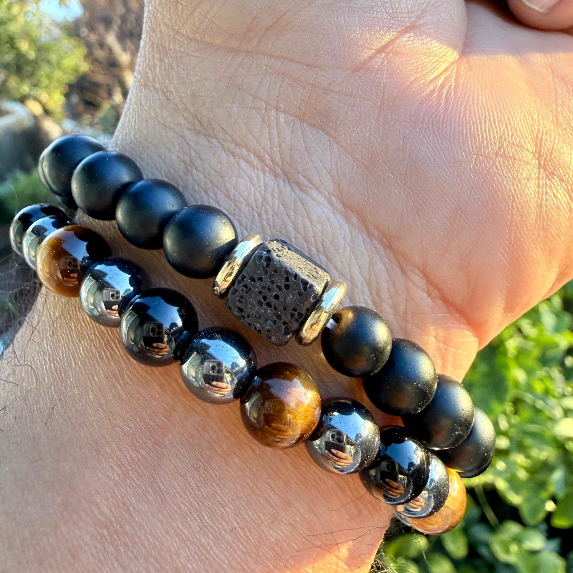 Triple Protection Bracelet 10mm – Tiger Eye, Hematite & Black Onyx for Strength, Grounding and Protection