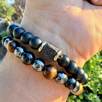 Triple Protection Bracelet 10mm – Tiger Eye, Hematite & Black Onyx for Strength, Grounding and Protection