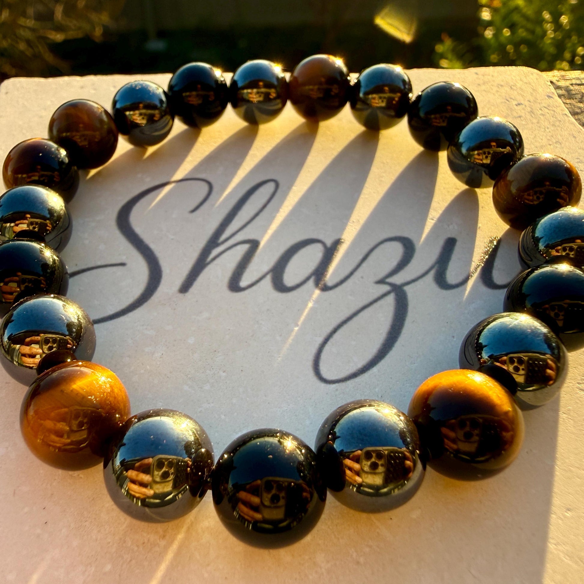 Triple Protection Bracelet 10mm – Tiger Eye, Hematite & Black Onyx for Strength, Grounding and Protection