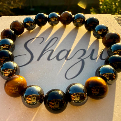 Triple Protection Bracelet 10mm – Tiger Eye, Hematite & Black Onyx for Strength, Grounding and Protection