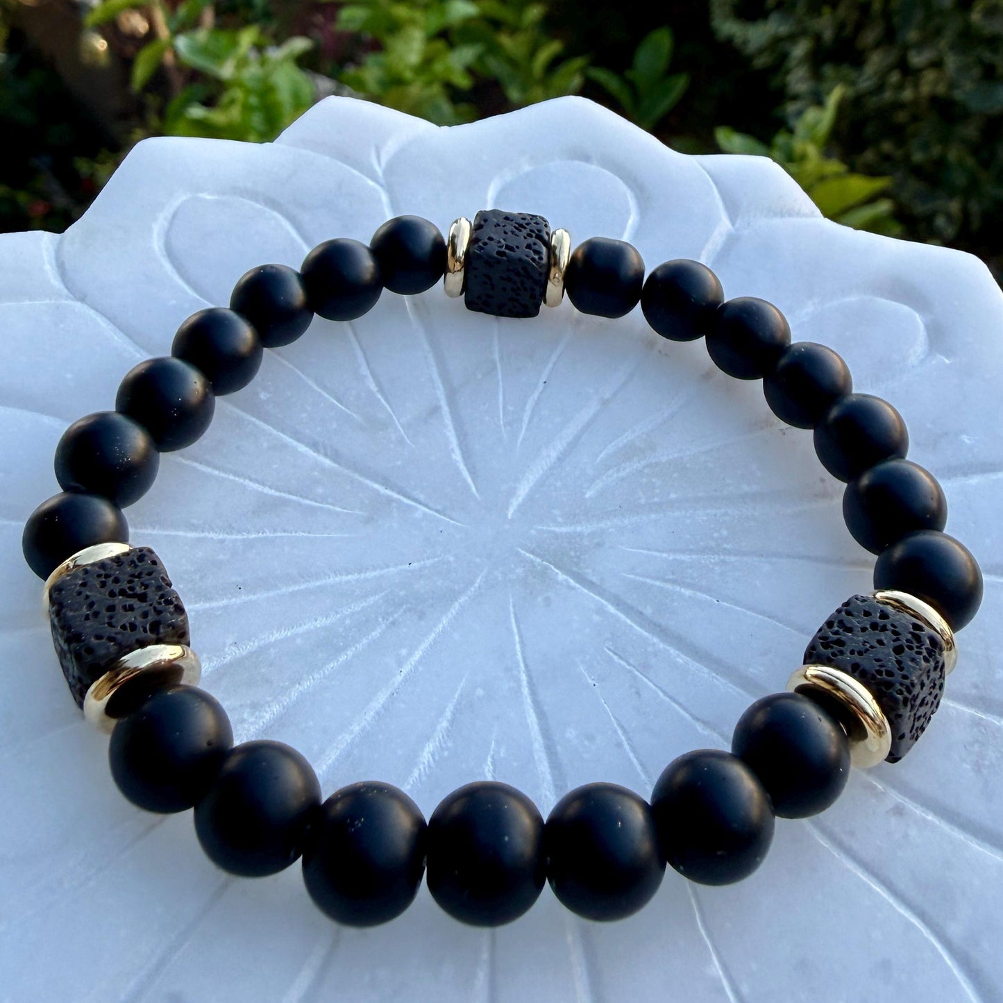 Mens Lava Stone Bracelet | Matte Black Onyx with Volcanic Beads | Protection Strength Bracelet