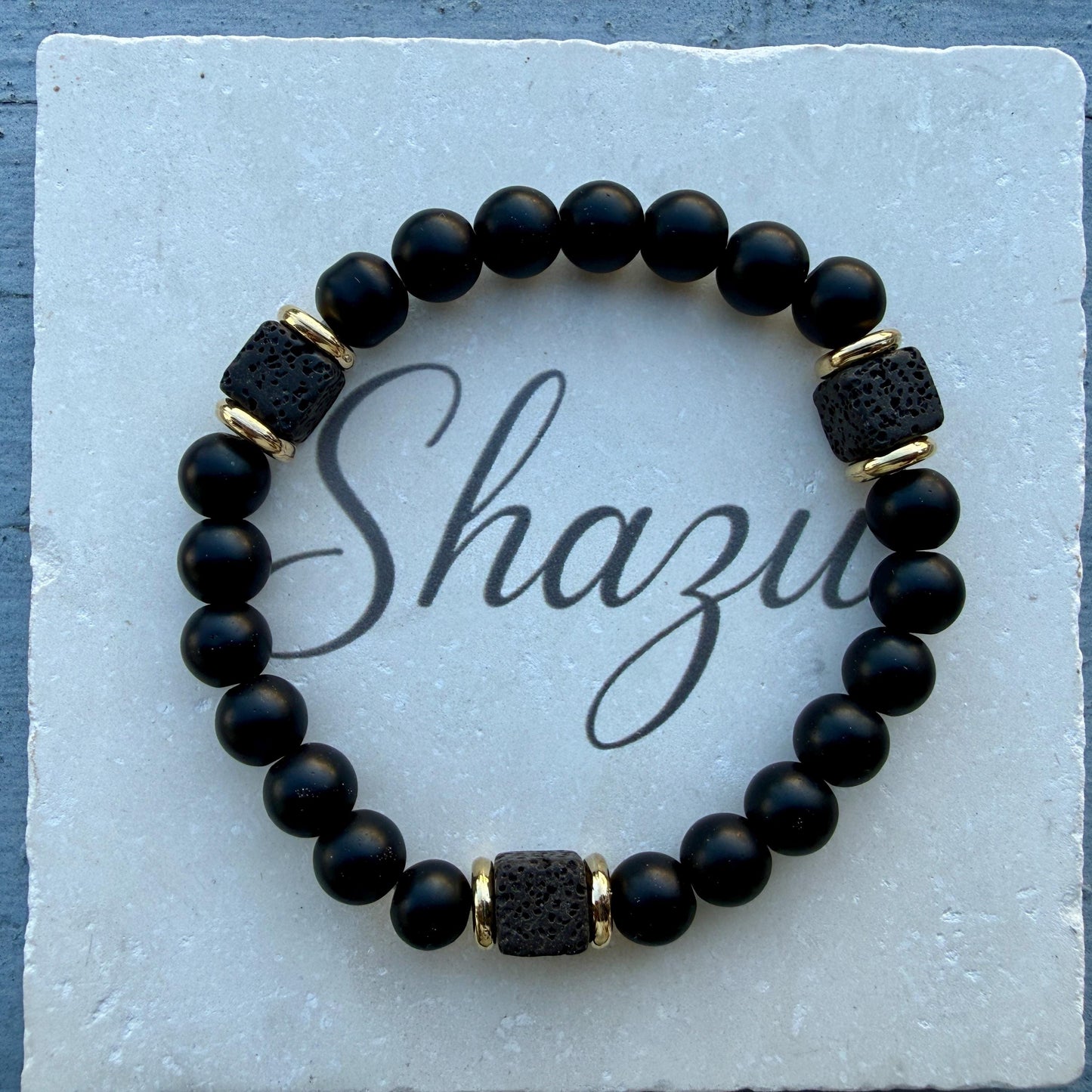 Mens Lava Stone Bracelet | Matte Black Onyx with Volcanic Beads | Protection Strength Bracelet