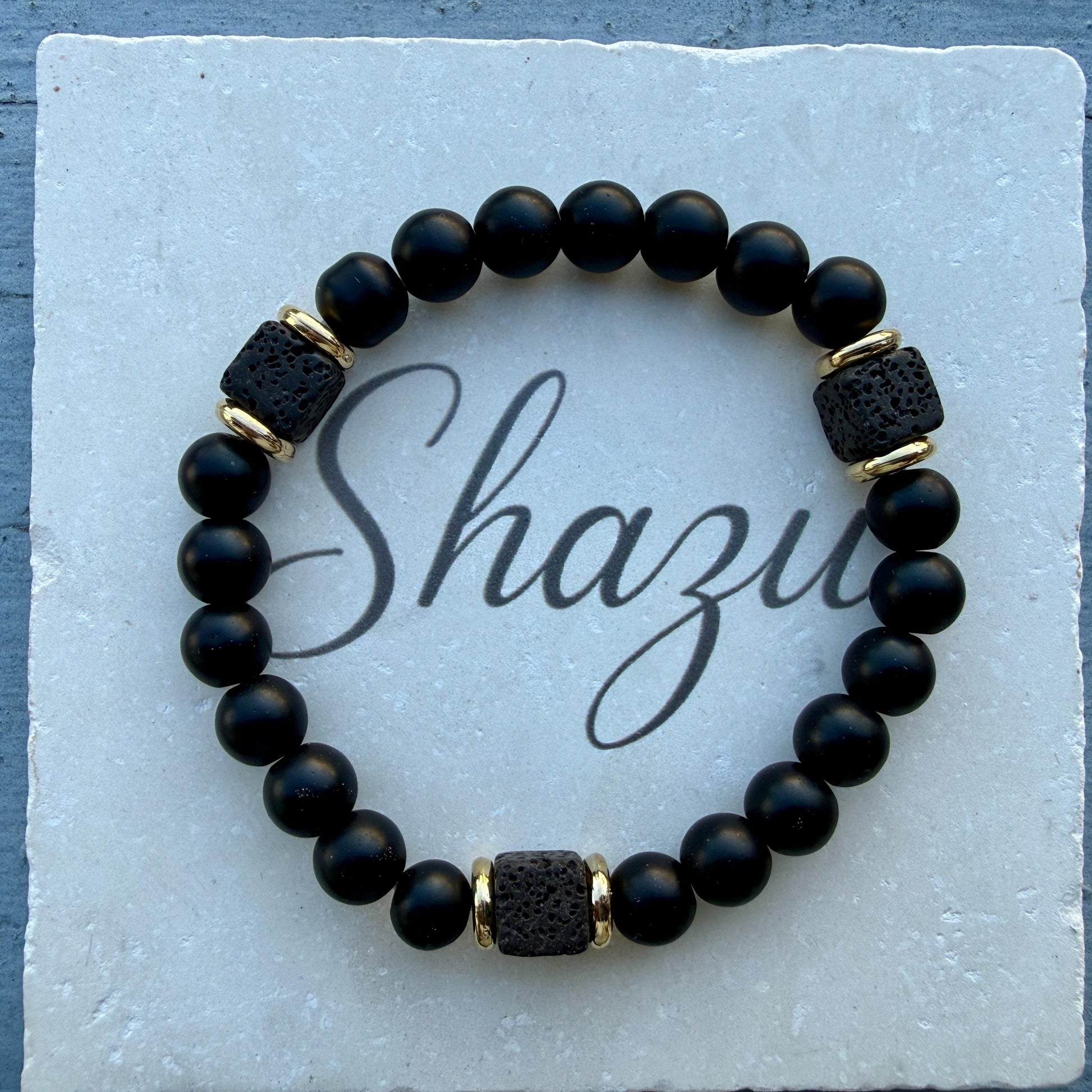 Mens Lava Stone Bracelet | Matte Black Onyx with Volcanic Beads | Protection Strength Bracelet