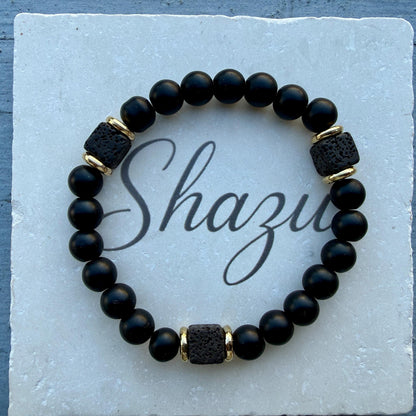 Mens Lava Stone Bracelet | Matte Black Onyx with Volcanic Beads | Protection Strength Bracelet