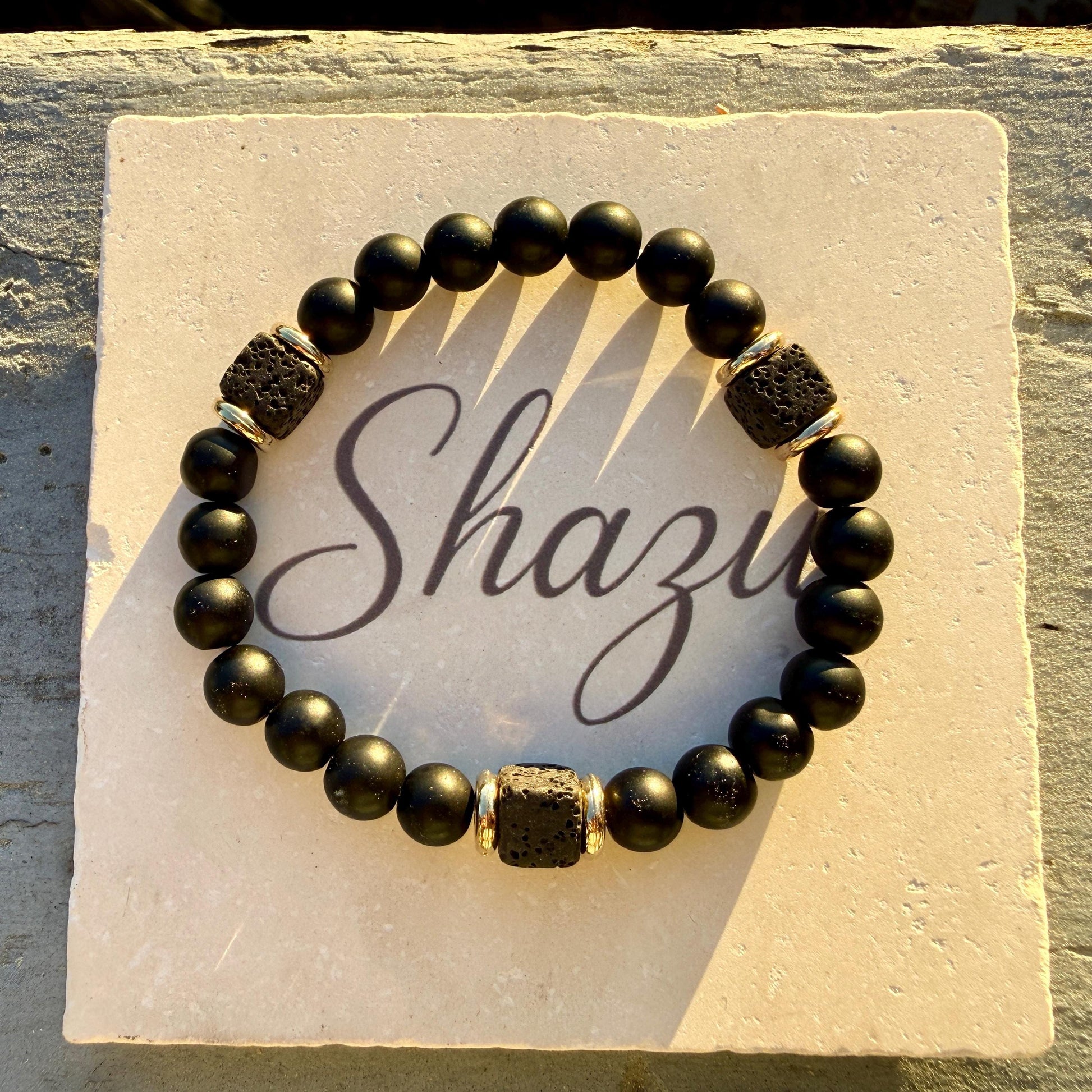 Mens Lava Stone Bracelet | Matte Black Onyx with Volcanic Beads | Protection Strength Bracelet