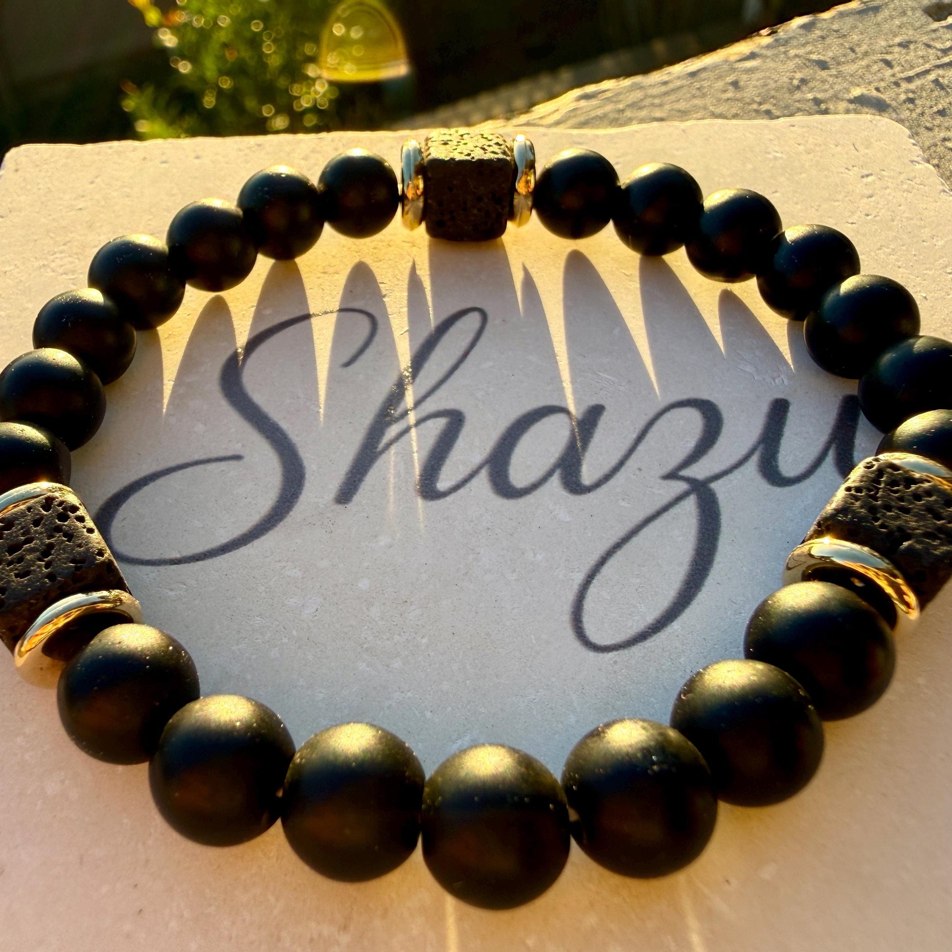Mens Lava Stone Bracelet | Matte Black Onyx with Volcanic Beads | Protection Strength Bracelet