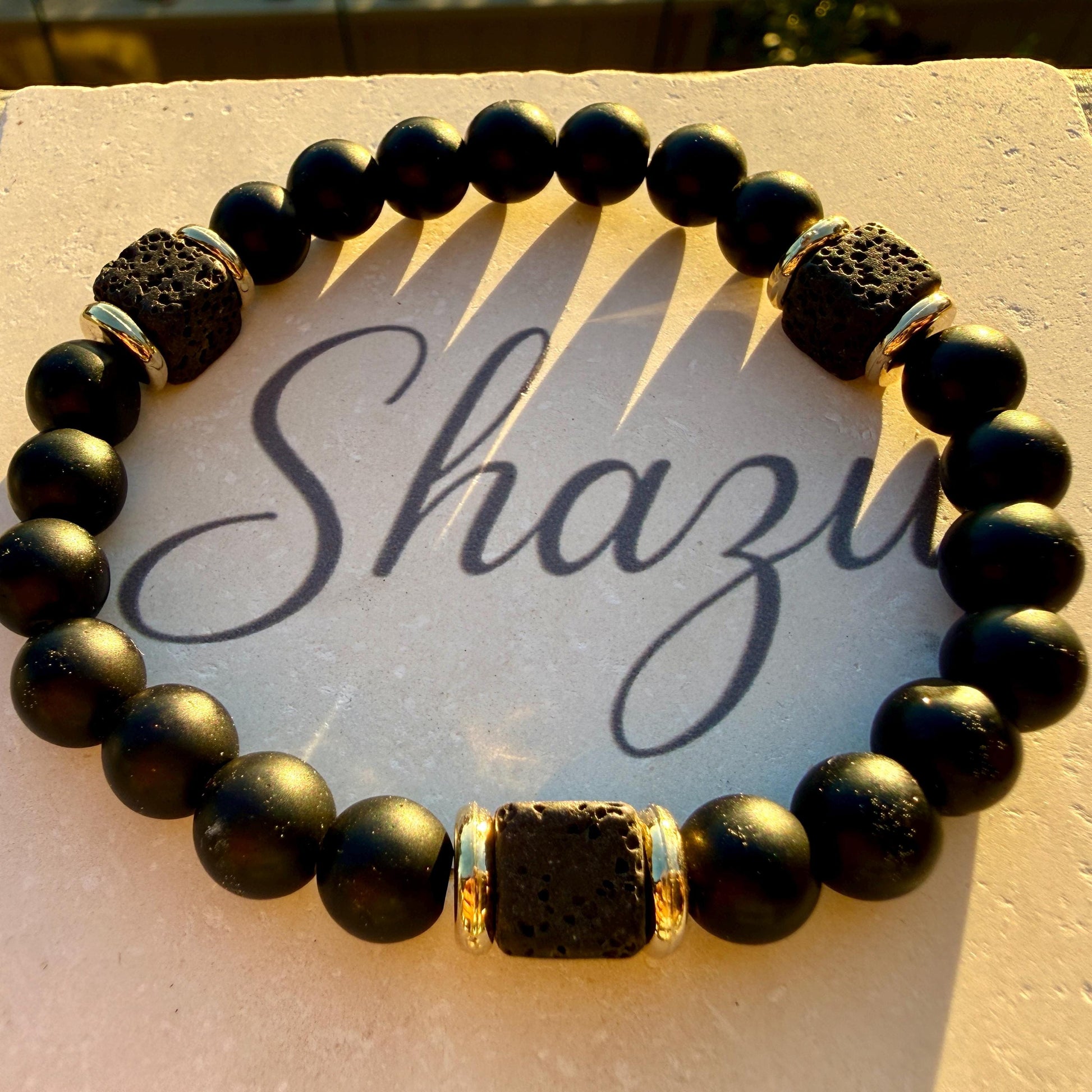 Mens Lava Stone Bracelet | Matte Black Onyx with Volcanic Beads | Protection Strength Bracelet